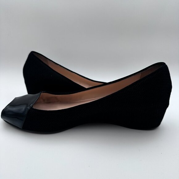 Aquatalia‎ Black Fabric Wedge Heel Flats patent Leather Peep Toe Womens Sz 9 - Picture 7 of 11